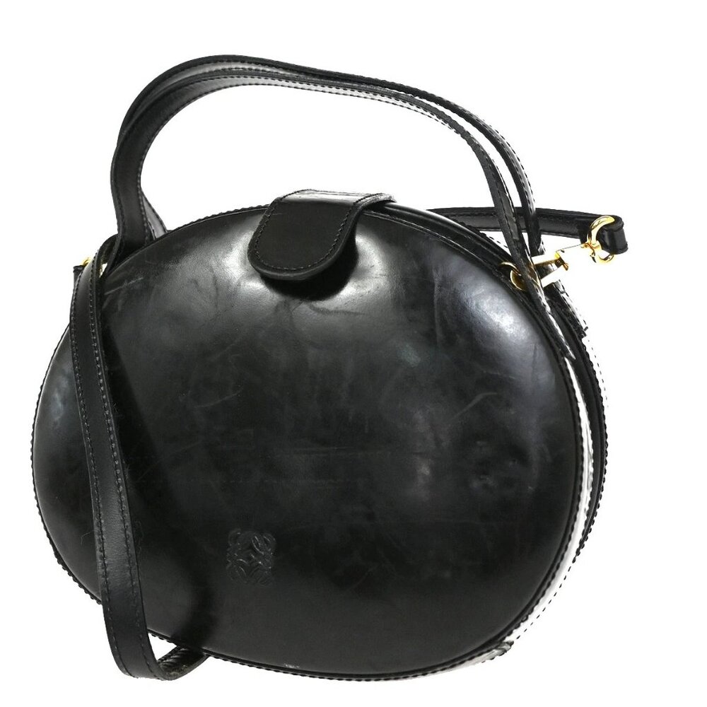 LOEWE Anagram Round 2Way Top Handle Shoulder Bag Calfskin Leather Black 65CA573